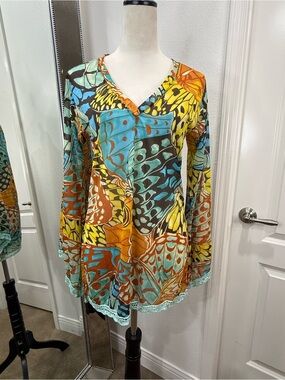 Letarte Butterfly-Print Swim Coverup in Teal, Yellow, Orange, Brown